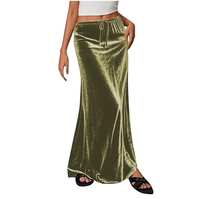 Kvture Ladies Fashion Women Solid Color Elastic Waist Drawstring Long Skirt Green XXL