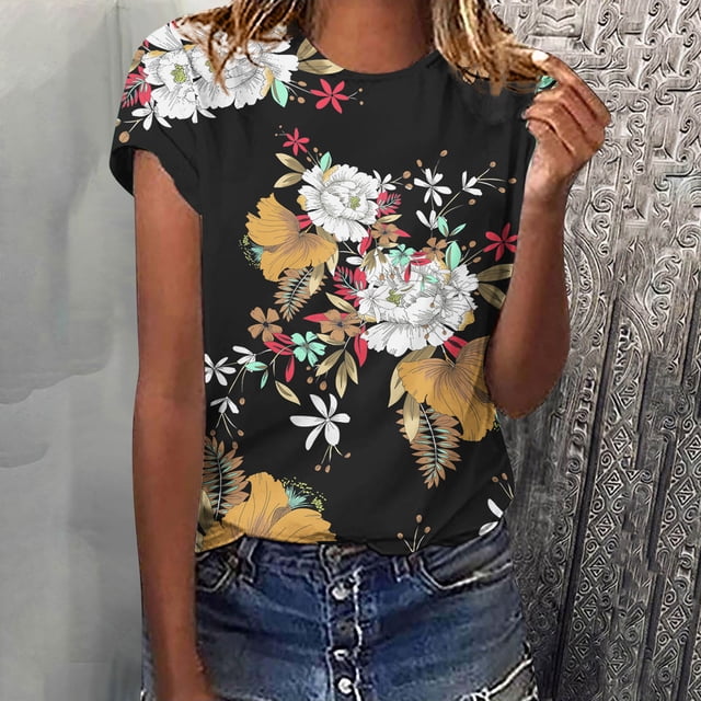 EGNMCR T-Shirts pour Femmes T-Shirts d'Été Décontractés à Col Rond à Manches Courtes T-Shirts à Imprimé Floral Coupe Ajustée Hauts Basiques Tees Blouses
