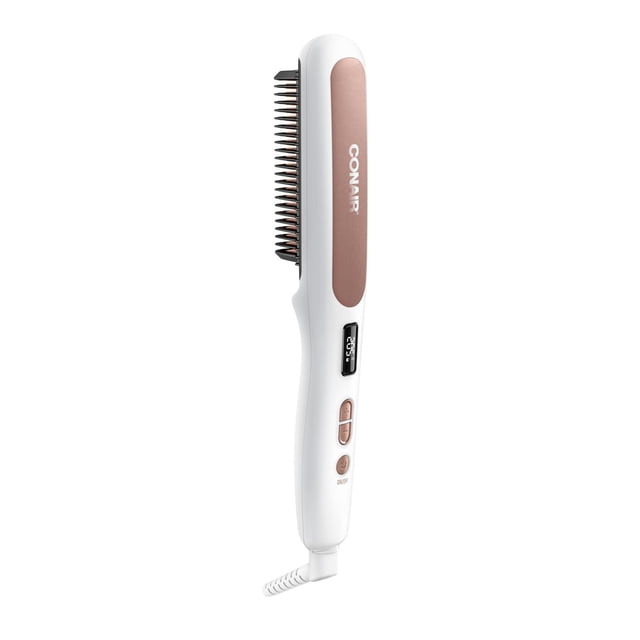 Conair® Double Ceramic Heated Straight Brush in white with rose gold panel, featuring V-shaped black bristles with ceramic-coated tips, digital temperature display up to 390°F, and control buttons for adjustable heat, designed for smooth, shiny hair styling.