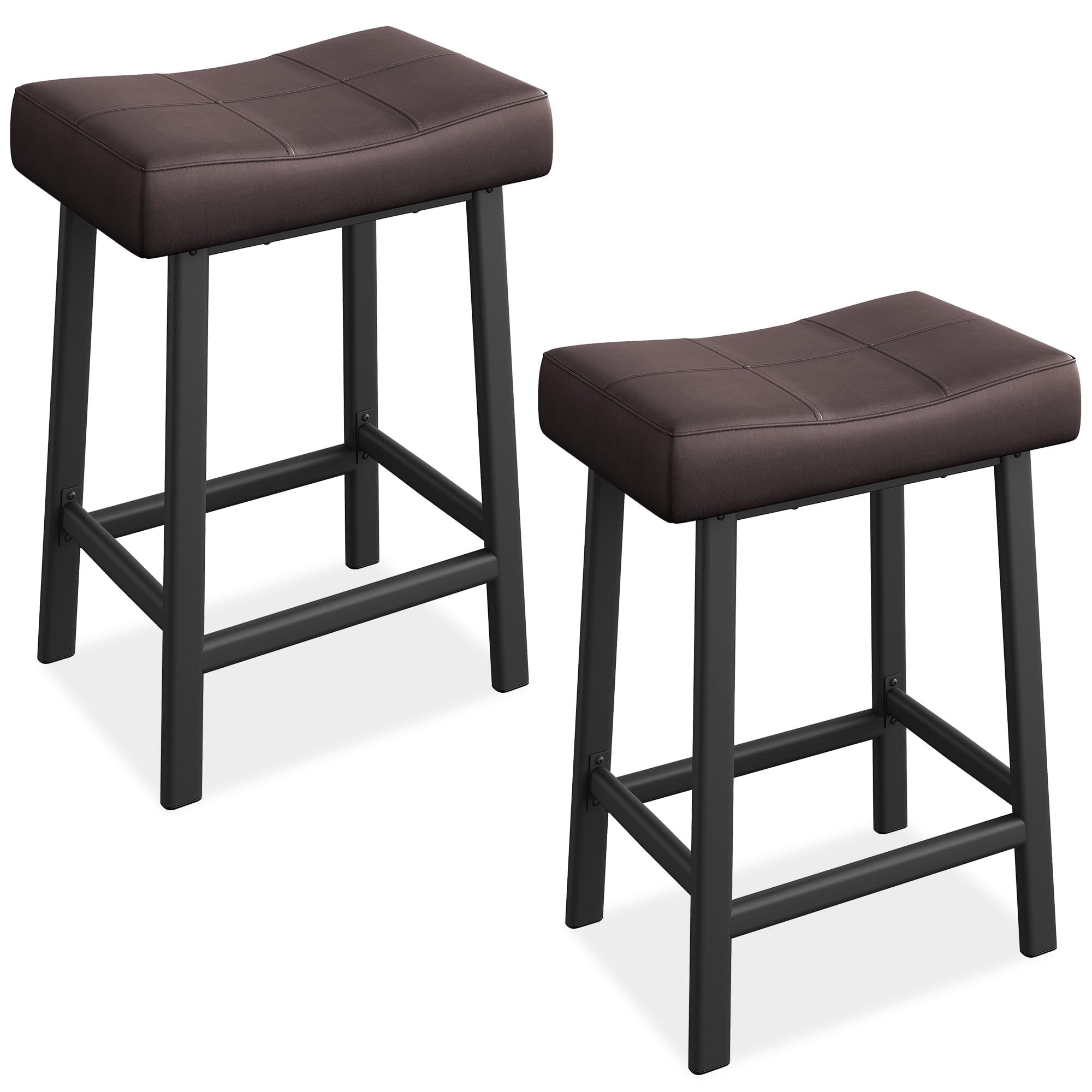 AKDSteel Bar Stools, Set of 2 Bar Chairs with PU Upholstered Saddle Seats, Kitchen Stools, 24" Modern Backless Counter Height Stool for Kitchen Island Bar