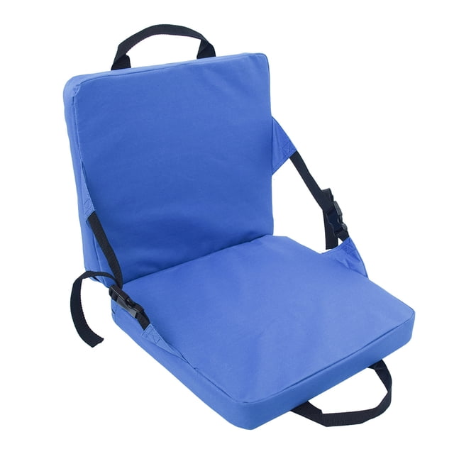 Foldable Cushion with Back Support in blue, made of durable polyester material. Features a lightweight, foldable design with adjustable straps and handle ropes for easy carrying. Suitable for indoor and outdoor use, including camping, hiking, picnics, and stadium seating. Damp-proof and designed for comfort.