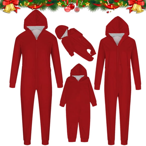 Aboser Red Matching Chistmas Onesie Pjs for Family Cozy Zip Up Hoodie Pajamas Sets Solid Color Footless Sleepwear One Piece Hooded Pajama Matching Set