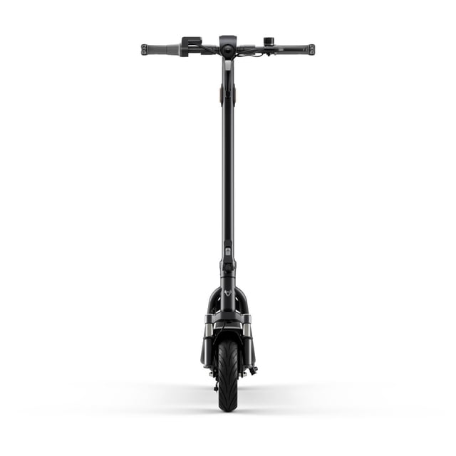 NIU KQi 100F Electric Kick Scooter in grey, front-facing view highlighting its slim aluminum frame, pneumatic front tire with tread, LED headlight on the handlebar stem, and ergonomic black rubber grips, suitable for urban commuting and daily rides.