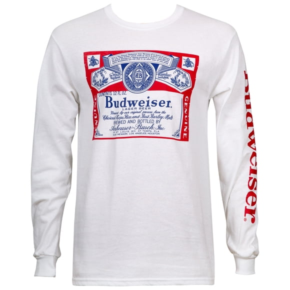 Budweiser 797626-L Budweiser Beer Label Mens White Long Sleeve Shirt - Large