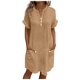 thumbnail image 1 of Robes Kaki pour Femmes à Col en V pour Femmes Manches Courtes Midi Longueur Genou Unies Automne Été à Boutons 2025 Vêtements Mode TG, 1 of 6