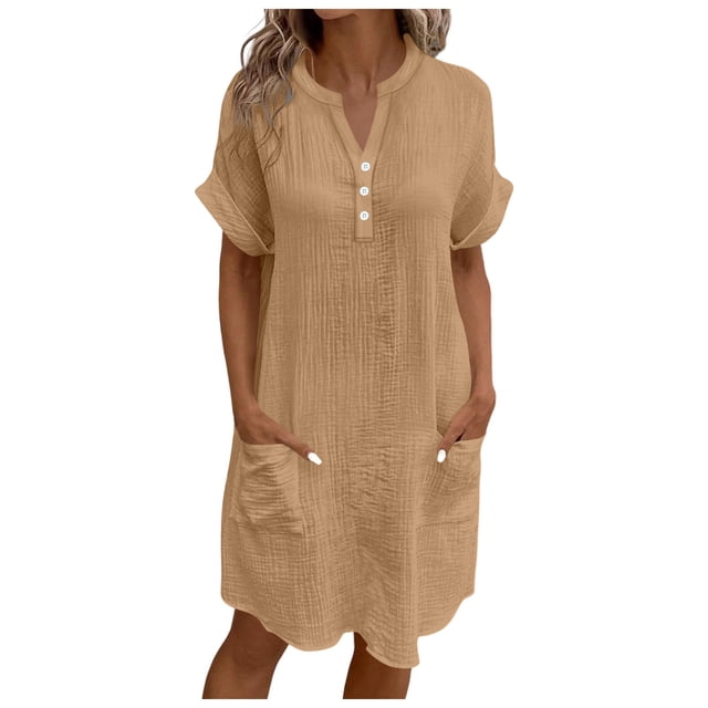 Robe Kaki à Col en V pour Femme à Manches Courtes, devant Boutonné et Longueur midi au Genou. Le design Uni et la texture Légère la Rendent Idéale pour la Mode Décontractée d'Automne et d'Été. Comprend des Poches Latérales et un style Tendance pour 2025.