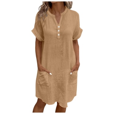 Robe Kaki Basique Midi Longueur Genou pour Femmes Adolescentes Manches Courtes Col en V Été Automne Boutonnée 2025 Vêtements Doux et Confortables TTG