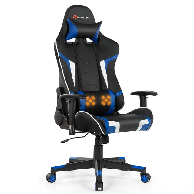 Goplus Massage Gaming Chair Reclining Swivel Racing Office Chair in black and blue with lumbar support. Features an ergonomic design with adjustable backrest (90 to 180 degrees), height-adjustable seat, and armrests. Includes a massage lumbar cushion, faux leather upholstery, and a 360-degree swivel base with smooth rolling casters. Suitable for gaming or office use.
