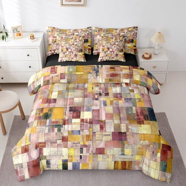 YST Geometric Buffalo Plaid King Bedding Sets 7pcs Pink Grid Checkered Comforter Set with Flat Sheet and Fitted Sheet, Abstract Aesthetic Bed in a Bag Modern Artwork Bedding Comforter Sets