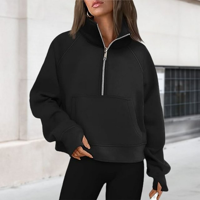 Stand Collar Fall Clothes Half Zip Women Solid Color Daily Outfit (Coffee XL)