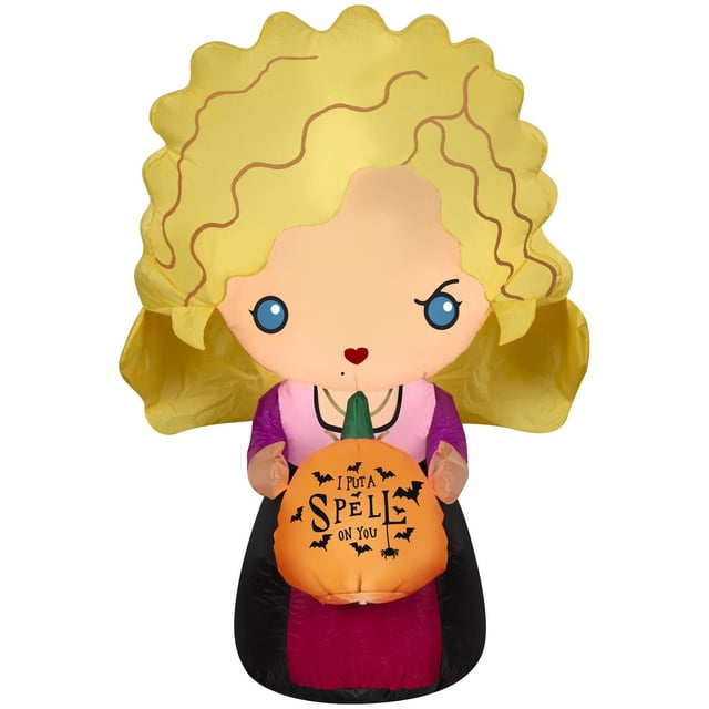 Gemmy inflatable figure of Sarah Sanderson from Hocus Pocus holding an orange pumpkin that says 'I put a spell on you' surrounded by bats, dressed in purple and black costume.