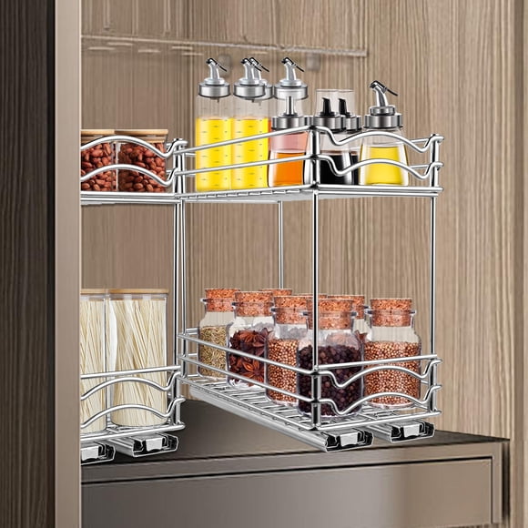 2 Tier Kitchen Pull Out Cabinet Spice Rack Organizer, 5 /6 /8 Inches Width Slide Out Under Cabinet Sliding Shelf