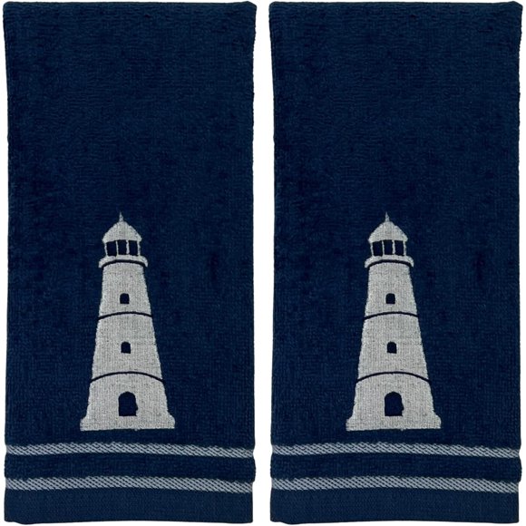 Serafina Home Coastal Bathroom Fingertip Towels – Set of 2 Dark Blue 100% Cotton Embroidered Lighthouse Design with Striped Border – 18 x 12” Decorative Bath & Kitchen Towels