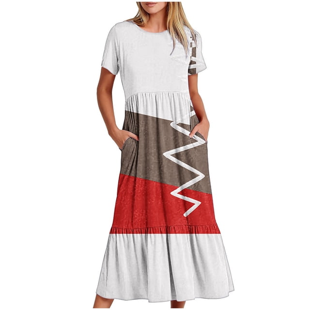 FAIWAD Robe à Manches Courtes pour Femme Grande Taille, à Blocs de Couleur, Robe d'Été Décontractée, Fluide, Coupe Trapèze, avec Poches