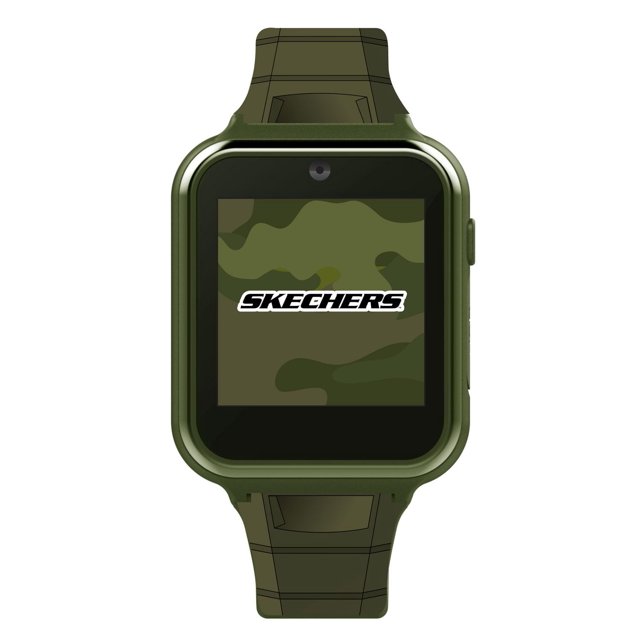 Skechers Montre Interactive à Écran Tactile avec Caméra en Motif camouflage Vert, avec un Écran Tactile Numérique Carré avec le logo Skechers, un Boîtier en Plastique et un Bracelet avec Imprimé camouflage, et une Caméra Frontale au-Dessus de l'Écran, Idéale pour les Enfants avec des Fonctionnalités Interactives comme des Jeux, une Calculatrice et un Podomètre.