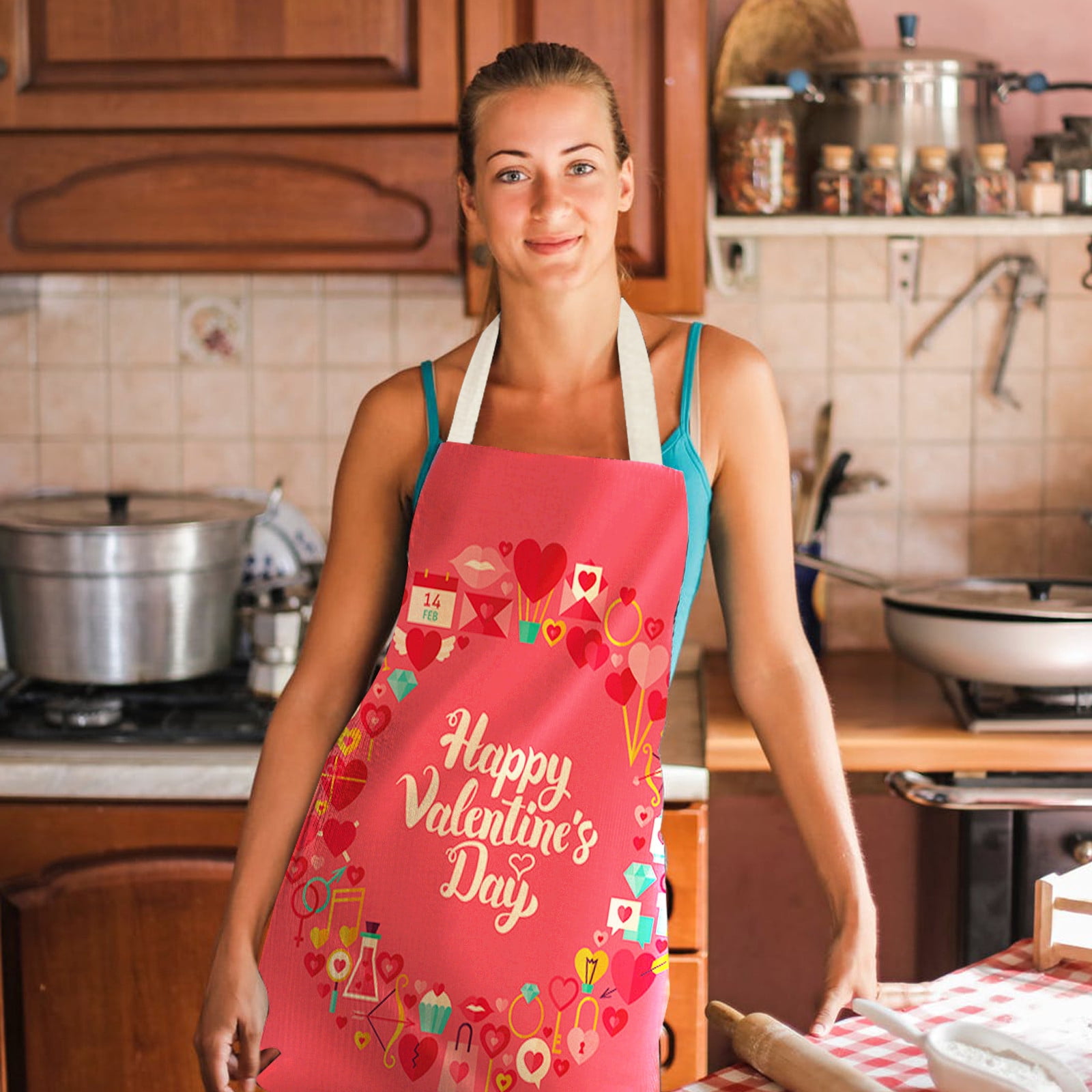 TIMIFIS Pockets Holds 1Pc Parent Adult The Family Kitchen Valentine's Day Print Linen Family Aprons Kitchen Gadgets