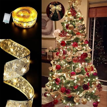 TIMIFIS Christmas Ribbon Led Christmas Tree Ribbon Gold Stamped Double Layer Ribbon for Xmas Indoor Outdoor Dcoration Christmas Gifts