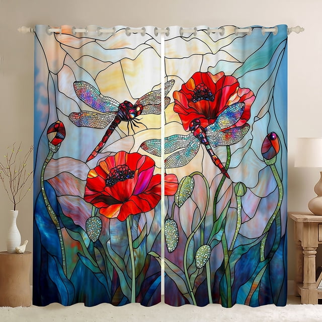 Ensemble de Rideaux de Fenêtre Coquelicot Rouge, 2 Panneaux, Rideaux de Fenêtre Jardin Rustique Fleurs Rouges Libellule, Style Vitrail Artistique Patchwork pour Chambre d'Enfants et d'Adultes, 38l X 45h