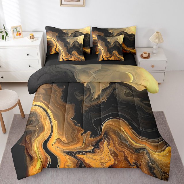 YST 7-Piece Black and Gold Marble Comforter Set, Queen Size, Abstract Stone Pattern, Bed in a Bag