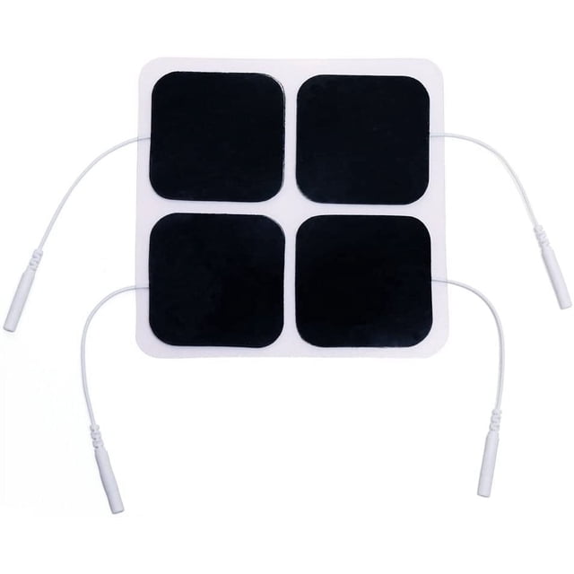 TENS Electrode Pads, 20PCS, 2”x2”, designed as replacement pads for TENS units and EMS muscle stimulation machines. The image shows four black square pads with pigtail connectors attached, placed on a white backing sheet. These reusable pads feature a non-woven backing, premium gel adhesive, and latex-free material for comfort and skin safety. Suitable for various TENS units, including YK15AB, TENS 7000, and iReliev.