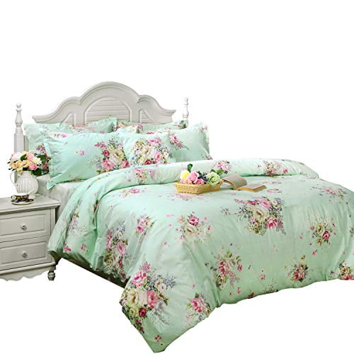 FADFAY Green Floral Duvet Cover Sets Vintage Flower Printed Bedding Ultra Soft 100% Cotton Designer Bedding Set 3 Pieces, 1duvet Cover & 2pillowcases (King/California King Size, Simple Style)