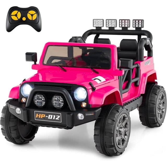 OLAKIDS 2 Seater Ride on Truck in bright pink, a 12V battery-powered electric vehicle for kids aged 3 and up. This powered ride-on toy features LED headlights, a remote control, power display, MP3 player, USB port, built-in music, and a suspension system for smooth rides on various terrains. The spacious 19-inch seat accommodates two children, with a maximum weight capacity of 110 lbs. Equipped with wear-resistant wheels, rear suspension springs, and a 2-point safety belt for secure playtime. Includes parental control with adjustable speeds and emergency brake functionality.