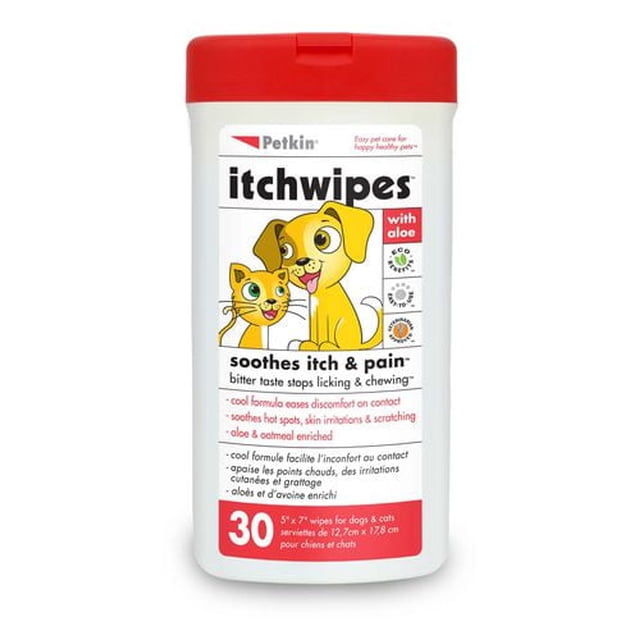 Petkin Itchwipes - 30ct container with red flip-top lid and white label featuring cartoon dog and cat. These dog grooming wipes soothe itch and pain from flea bites, hot spots, and skin irritations, enriched with aloe and oatmeal to stop licking and chewing in dogs and cats.