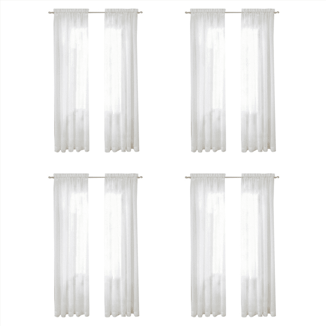Window White Sheer Curtains 90 Inches Long, featuring 8 panels made of high-grade 100% polyester sheer voile fabric. These sheer drapes have a casual textured weave and a 2-inch diameter rod pocket suitable for most curtain rods. Designed to balance privacy and light, they provide a soft, hazy look for living rooms, bedrooms, patios, or parlors. Easy to care for with machine wash cold and tumble dry low.
