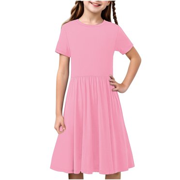 Swstbby Liquidation d'Économies d'Été 2025! Robe d'Été pour Filles, Robe Extensible à Manches Courtes Imprimée de Couleur Unie pour Tout-Petits et Filles, Robe Trapèze Rose 7-8 Ans