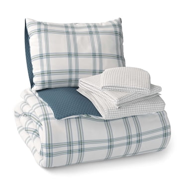 Mainstays Kids Blue Plaid 5-Piece Bed in a Bag Bedding Set, Reversible Comforter, Twin