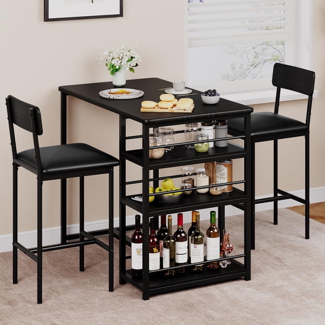 Kitchen Table Set, Dining Table and Chairs for 2, 3Pcs Dining Room Table Set with 2 Upholstered Chairs, Bar Dining Table Set for Small Spaces, Apartment, Breakfast, Pub, Rustic Black