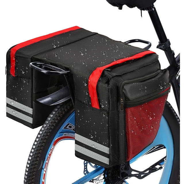 Bike Saddle Bags Rear, Bicycle Rear Cargo Bags, Bike Rack Bags, Rear Bike Bags in red and black polyester material with a waterproof design. The bags feature a trapezoidal shape to prevent heel rubbing, reflective strips for safety, and multiple compartments including 4 expansion bags and 2 mesh pockets. Designed for rear bike racks, suitable for mountain bikes and racing bikes. Approximate size is 30 x 30 cm per side, with a total capacity of 30 liters.