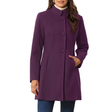 INSPIRE CHIC Women's Winter Overcoat Stand Collar Single Breasted Mid-thigh Long Coat Deep Purple S