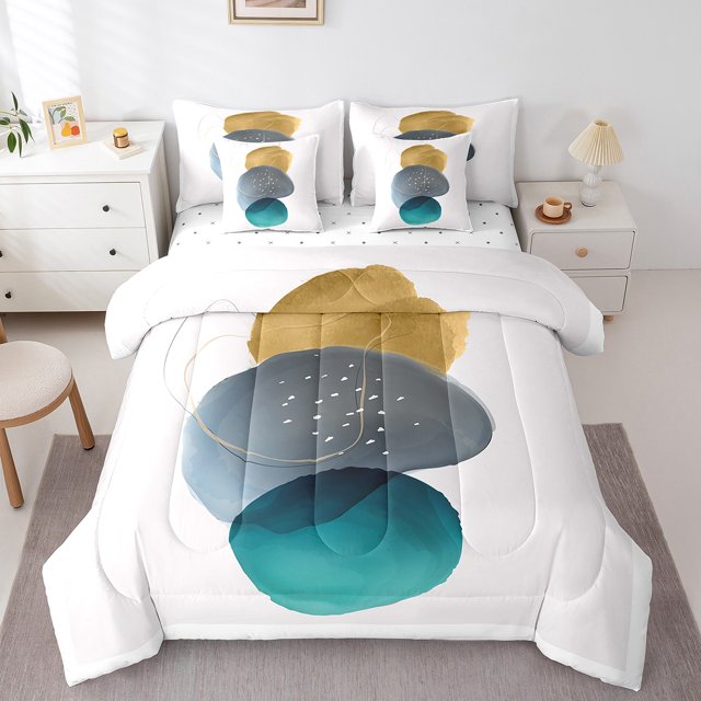 YST Geometric Bed in a Bag 7pcs Vintage Minimalism Bedding Set, Mid Century Abstract Polka Dots Comforter Set, Twin Size