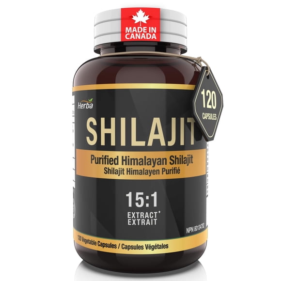 Herba Shilajit Himalayen pour Femmes et Hommes – 120 Capsules / Portion de 1000 Mg (500 Mg Chacun) / Fabriqué au Canada