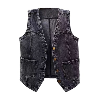 Moxiu Womens Denim Jean Vest Classic Cropped Lapel Sleeveless Jean Jackets Button Up Jean Waistcoat Jacket with Pockets 2025 Black,L