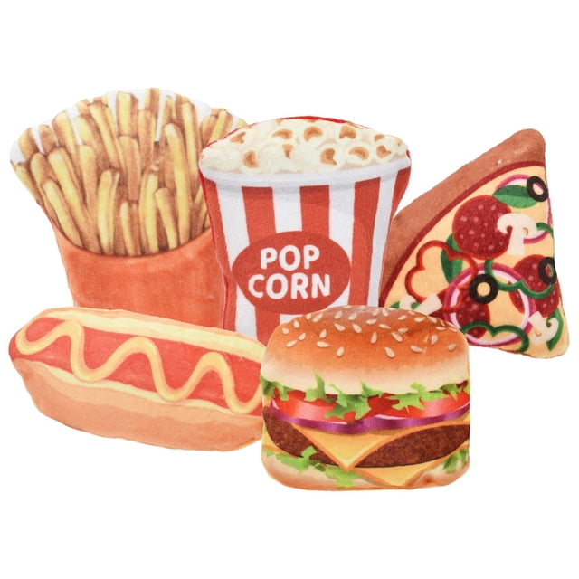 Multipet Snack Food Plush Cat Toy Assortment with Crinkle and Catnip featuring five plush toys shaped like popular snack foods: pizza slice, striped popcorn bucket, hotdog with mustard, cheeseburger with lettuce and tomato in a sesame seed bun, and french fries, each with crinkle sound and catnip to engage cats and suitable for tossing and batting.