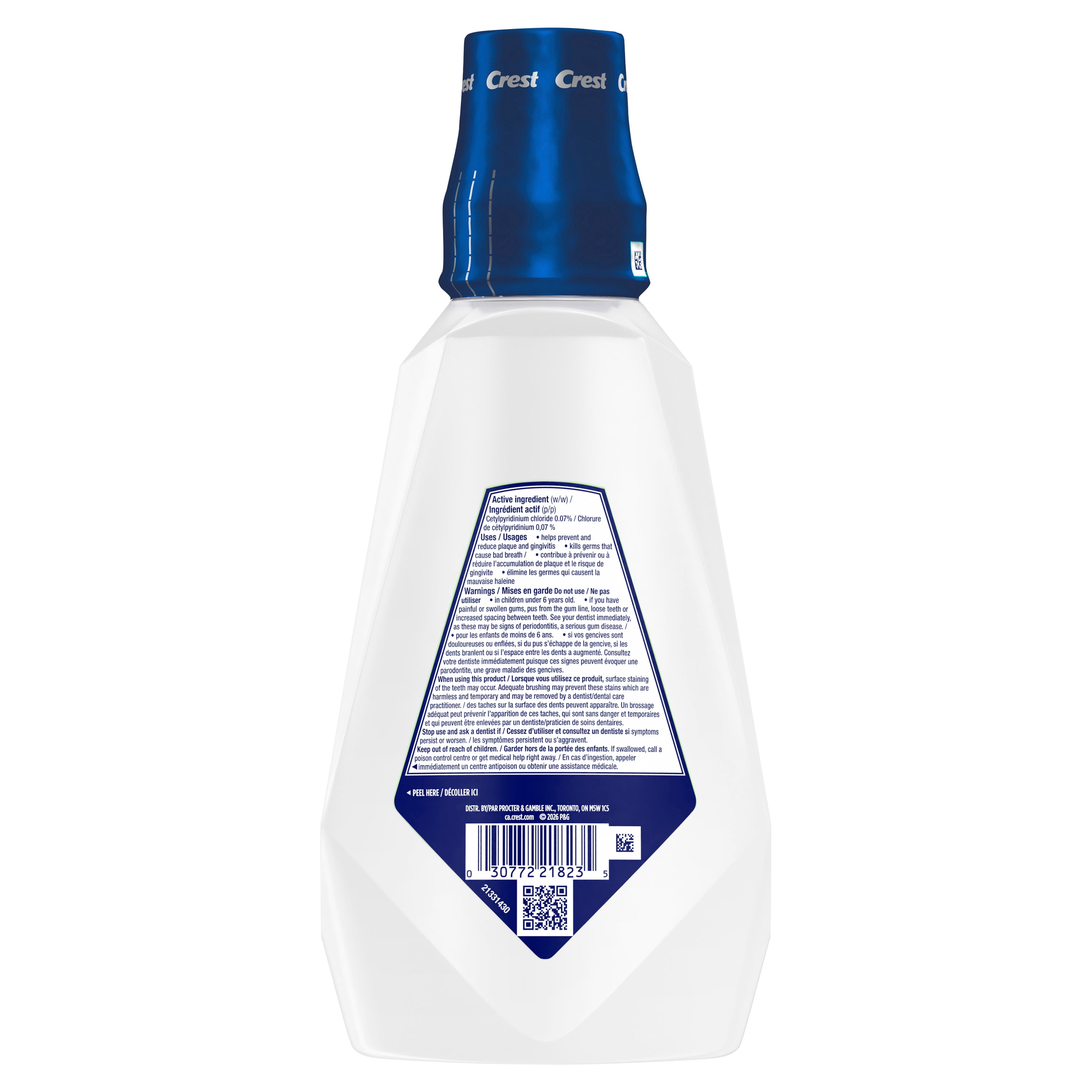 Rince-bouche Crest Pro-Santé Détoxification des gencives, antigingivite et antiplaque, neutralise la plaque, sans alcool, menthe d’hiver, 1 L