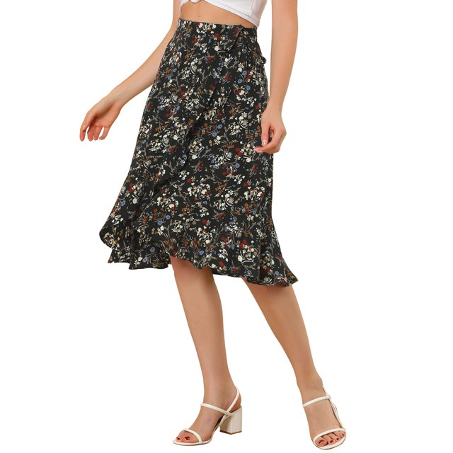 Unique Bargains Jupe Portefeuille à Volants Évasée Taille Haute Basse à Fleurs pour Femmes