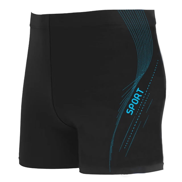 Quick Dry Pants Men Mens Swim Shorts made of black polyester and spandex with a blue printed 'SPORT' design on the side. These lightweight, quick-drying board shorts feature a covered elastic waistband with a drawstring for adjustable comfort. Ideal for swimming, surfing, and other outdoor activities, these men's swimwear shorts are perfect for athletic builds.