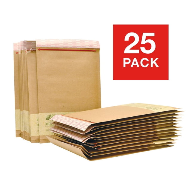 Earth Hugger Kraft Bubble Cushion Mailer, 6 x 9 Inches, 25 Pack showing a stack of brown kraft paper bubble mailers with self-sealing adhesive strips and reinforced edges, designed for secure shipping of documents and small items, also suitable for storing CDs or books.