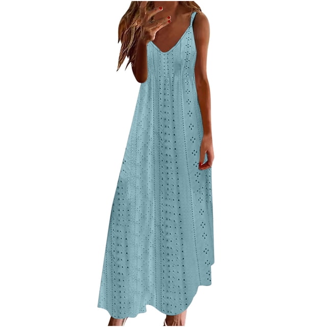 AherBiu Robe Maxi pour Femmes à Oeillets, Col en V, Bretelles Spaghetti, Robe d'Été Bohème pour la Plage et les Vacances, Longue