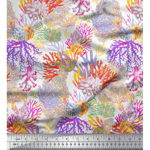 Soimoi Poly Georgette Fabric Coral Ocean Printed Fabric 1 Yard 52 Inch Wide