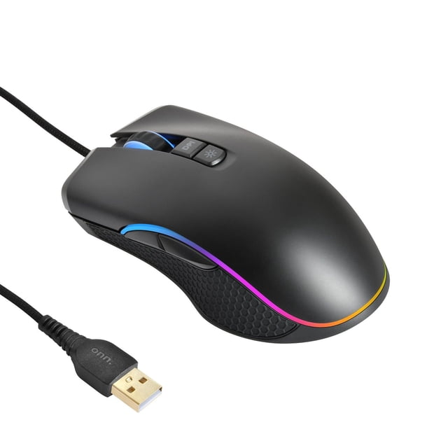 onn. 100027827 RGB Wired Adjustable DPI Gaming Mouse with LED lighting effects, featuring a matte black ergonomic design with honeycomb textured side grips, DPI and lighting control buttons, and a durable braided 6 ft USB cable, ideal for precise gaming and computer navigation.