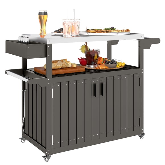 Outsunny Outdoor Bar Cart, HDPE Outdoor Kitchen Cabinet Bar Table w/ Wheels