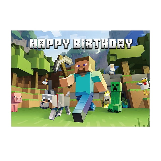 Toile de Fond de Fête d'Anniversaire Thème Minecraft Bannière de Décoration avec un design vibrant à Thème Minecraft. la Toile de Fond Mettant en Vedette un Personnage Pixélisé Tenant une Pioche, Accompagné d'Animaux et de Créatures comme un Loup, un Cochon et un Rampant, Situé dans un Paysage Luxuriant et Blocé. le Texte « Happy Birthday » Est Affiché en Haut dans une Police Pixélisée. Fait de Vinyle durable, Il Mesure 150x100 cm, Est Léger, Facile à Transporter et Convient à la Photographie, aux Décorations de Fête Ou à la Déco