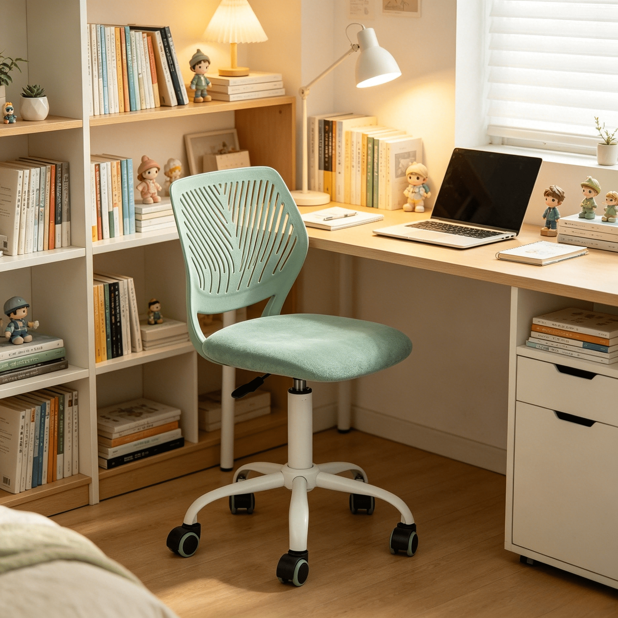 Homy Casa Kids Desk Chair, Adjustable 360° Swivel Chair with Wheels, Aqua Fabric Seat