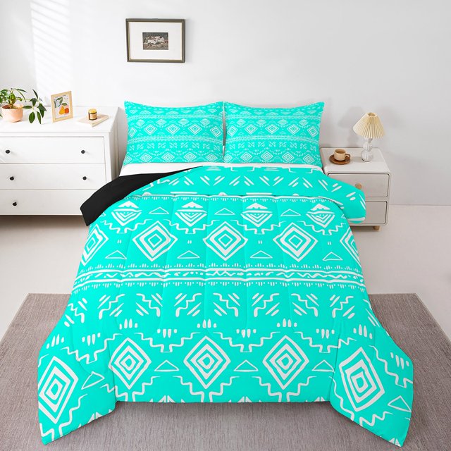 Erosebridal Bohemian Aztec Bedding Queen Comforter Set, Tribal Geometric Pattern Down Comforter, Cyan Blue, Reversible 3 Pieces