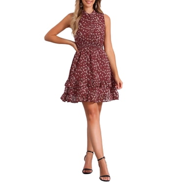 INSPIRE CHIC Women's Chiffon Dresses Smocked Chic Floral Sleeveless A-Line Mini Dress M Burgundy