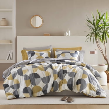 Regency Heights Ensemble de Douillette Grand Lit, Ensemble de Lit 9 Pcs Grand Lit, Ensemble de Literie à Imprimé Géométrique Rond avec Draps, Jaune
